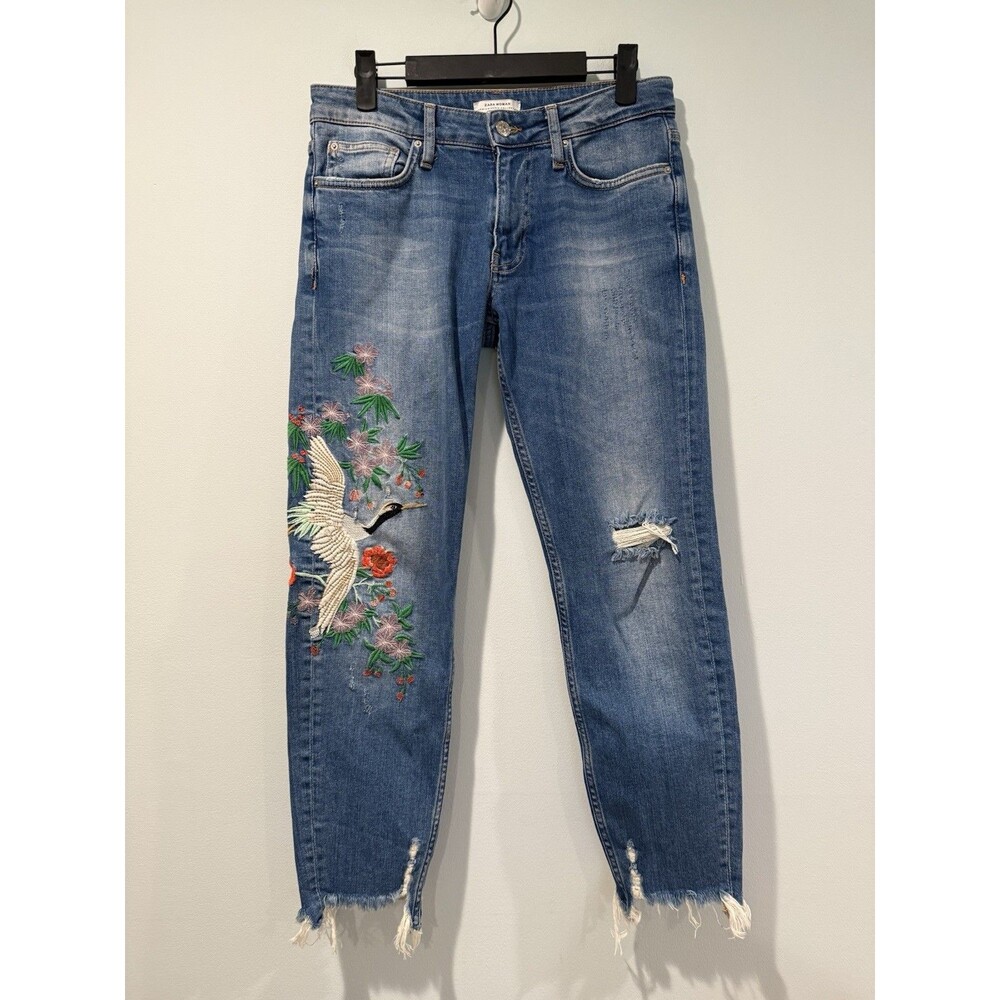 Zara Raw Hem Embroidered Jeans Womens 29** Crane Floral Distressed Indie Boho